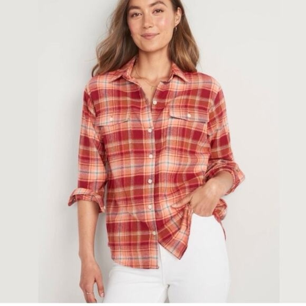 Old Navy Orange & Red Plaid Flannel Tunic The Boyfriend Shirt Size Medium